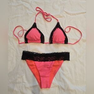 Coral Lace-Trim Triangle Bikini Set